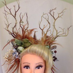 Headpiece Fascinator Deer theme. Brown and green Cosplay dress up